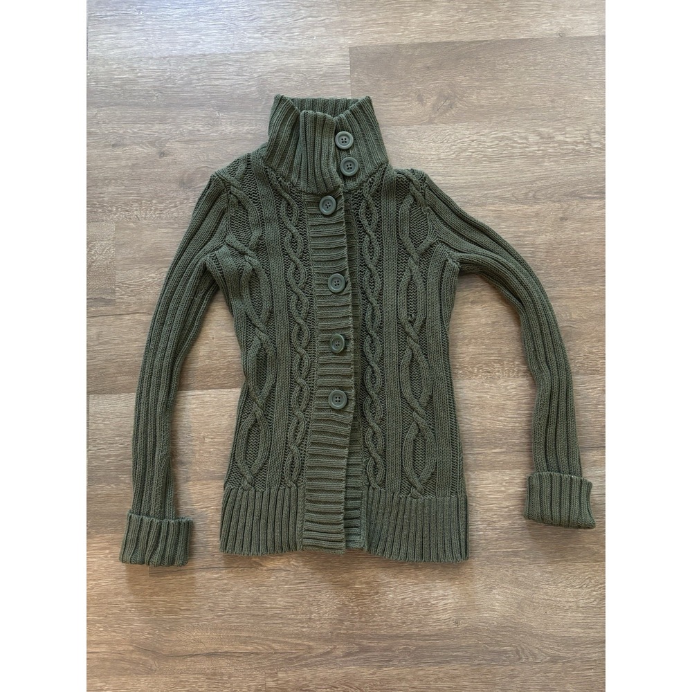 Eddie Bauer Sweater Women's Small S/P Button Up Cable Knit Cardigan Olive Green